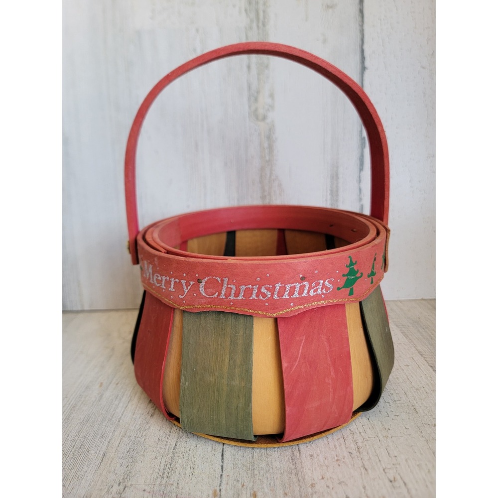 Vintage Merry Christmas wicker basket small home decor red green